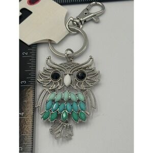 Silver Tone Owl Keychain Teal Green Faux Stone Bag Charm Lobster Clasp New